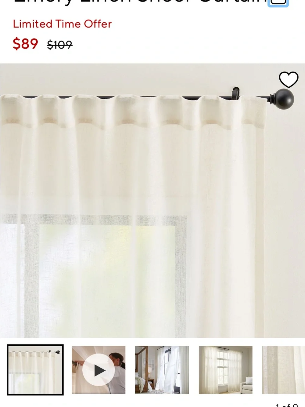 Pottery Barn Emery Linen Sheer Curtain - Ivory 50x108